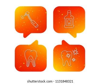 Tooth, mouthwash and dentinal tubules icons. Healthy teeth, dentinal tubules linear sign. Orange Speech bubbles with icons set. Soft color gradient chat symbols. Vector