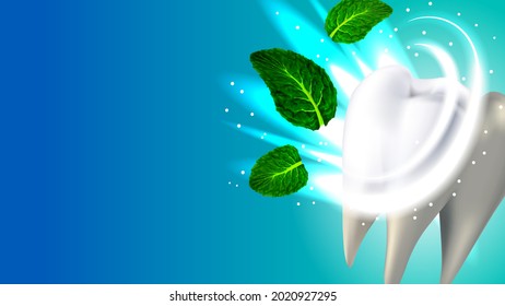 Tooth And Natural Aroma Mint Leaf Copyspace Vector. White Healthy Tooth And Sparkle, Medical Clinic Care. Aromatic Mouth Smell And Dentist Healthcare Treat Template Realistic 3d Illustration