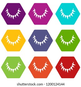 Tooth necklace icons 9 set coloful isolated on white for web