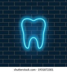 Tooth neon blue contour bright luminous dark background icon symbol dentistry vector illustration.