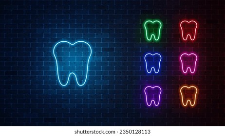 Juego de iconos de neón dental. Signo de dentista brillante. Ilustración del vector