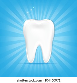 Tooth, On Blue Background With Beams And Stars, Vector Illustration