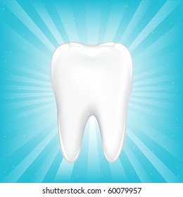 Tooth, On Blue Background With Beams And Stars, Vector Illustration