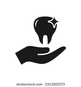 Tooth on hand. Dental care flat icon isolated on white background. Vector illustration