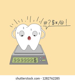 Tooth on scales. Scales show that dental treatment is very expensive.