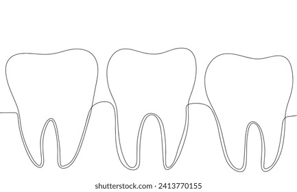 Tooth one line continuous line. Line art teeth outline, silhouette. Hand drawn vector art.