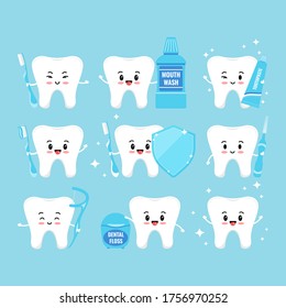 Dientes con íconos de productos de higiene bucal aislados en fondo blanco. Signo dental, lavado bucal, hilo dental, cepillo de dientes, cepillo interdental, escudo, pasta en la ilustración plana vectorial del cepillo de dientes.