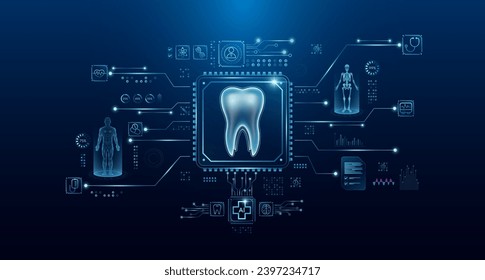 Tooth organ human in microchip processor circuit board. HUD interface hologram. Innovative health care analysis of AI technology digital hi tech. Modern treatment future medicine. Vector.