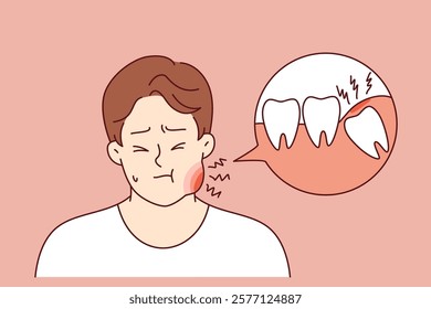 Tooth pain causes inflammation of cheek in suffering man who needs dental help or painkillers. Guy has problem with tooth pain due to poor hygiene and lack of daily use of toothpaste.