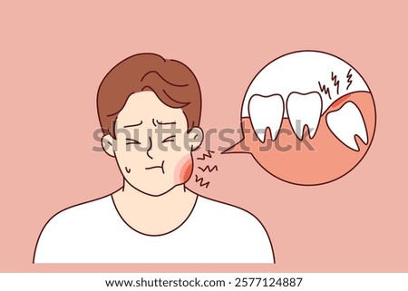 Tooth pain causes inflammation of cheek in suffering man who needs dental help or painkillers. Guy has problem with tooth pain due to poor hygiene and lack of daily use of toothpaste.