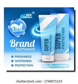 Vector de afiches de prueba para el paquete de pasta en blanco. Tubo Y Caja De Pasta Didentaria, Cepillo Diente Con Gel En Banner De Volante De Comercialización Creativa. Cuidado Dental Y Protección De Los Coloridos Conceptos Ilustración