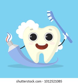 Tooth with paste and brush. Happy cartoon character.