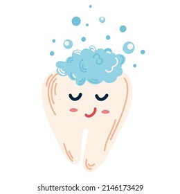 Tooth with paste. Clean happy cartoon tooth. Dental care. For children instructions on brushing teeth, printing and booklets. Vector Hand draw illustration isolated on the white background. 