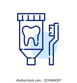 Tooth paste in a tube and brush. Oral hygiene dental care products. Pixel perfect, editable stroke art