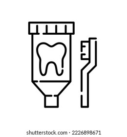 Tooth paste in a tube and brush. Oral hygiene dental care products. Pixel perfect, editable stroke