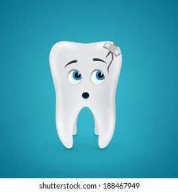 Tooth with patch on crack on blue background