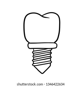 Tooth pin. Dentist element. Dental care and implant. Medical part of mouth. Operation for health. Doctor's job. Black and white illustration