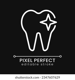 Tooth pixel perfect white linear icon for dark theme. Dental care and hygiene. Grinding teeth. Healthy molar. Thin line illustration. Isolated symbol for night mode. Editable stroke. Poppins font used