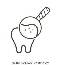 Tooth with plaque and magnifying glass on white background