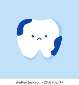 Tooth. Plaque tooth. Mouth hygiene and toothache. Dental sad vector character. Illustration dental hygiene tooth.Character of tooth for pediatric dentistry