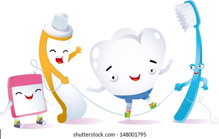 a tooth playing jumping rope with her best friends for dental hygiene