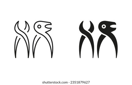 Tooth Pliers Silhouette and Line Icon Set. Dentist Surgeon Equipment. Oral Medicine Symbol. Dental Extraction Instrument. Dentistry Treatment Black Pictogram Collection. Isolated Vector Illustration.