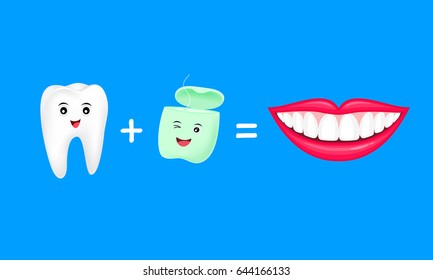 Tooth plus dental floss equal fresh and whitening teeth. Cute cartoon character design. Vector illustration isolated on blue background.