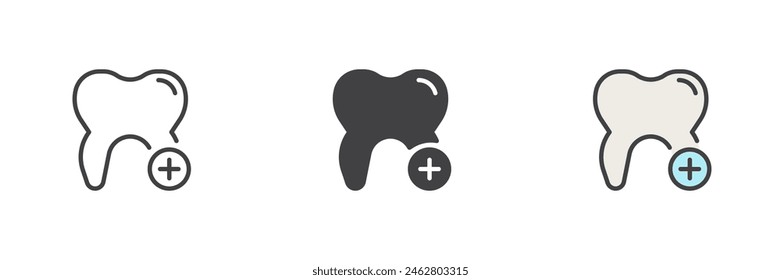 Diente y más conjunto de iconos de estilo diferente. Línea, glifo y contorno relleno versión colorida, contorno y Vector relleno signo. Agregar símbolo de diente, ilustración de logotipo. Vector gráfico