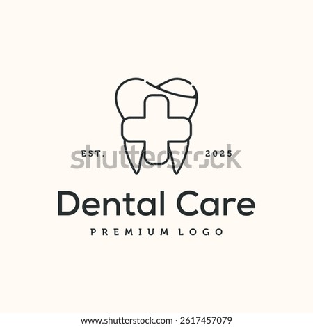 tooth plus sign line art logo vector minimalist illustration design, tooth incorporating a plus sign logo design