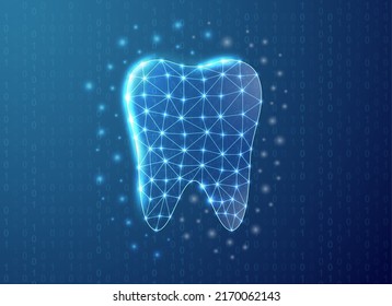 Tooth polygonal symbol with binary code background. Dentistry concept design vector illustration. Blue Stomatology low poly symbol with connected dots