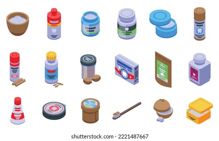 Tooth powder icons set isometric vector. Health dentist. Soda care