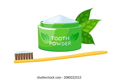Tooth powder and toothbrush. Vector illustration cartoon flat icon isolated on white background.