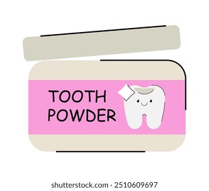 Tooth powder toothpaste container with a flat vector illustration of a cute tooth character and pink background. Ideal for dental hygiene promotions and educational materials.