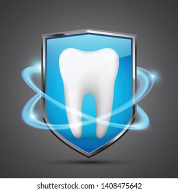 Tooth protection concept, healthy tooth inside the shield. Vector illustration