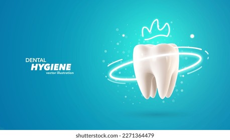 Protección dental con ilustración vectorial 3d de la corona. Banner de odontología de dientes sobre fondo azul. Plantilla de banner web de publicidad estomatológica.