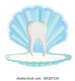 Tooth protection, defence. Tooth inside sea shell. Tooth pearls. Stomatology concept, logo or design