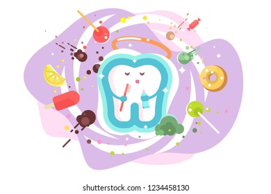 Tooth protection and dental care vector illustration. Factors and causes provoking caries and teeth decay. Medicine symbols for info graphics websites and print media flat style concept