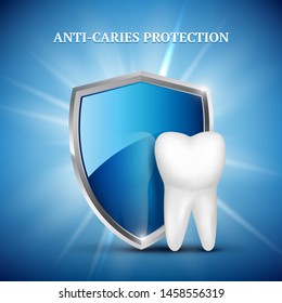 Tooth protection. Dental concept of stomatology tooth healthy guarding vector medical concept illustrations. Illustration of dental care, protection shield, human oral healthcare