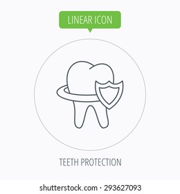 Tooth protection icon. Dental shield sign. Linear outline circle button. Vector