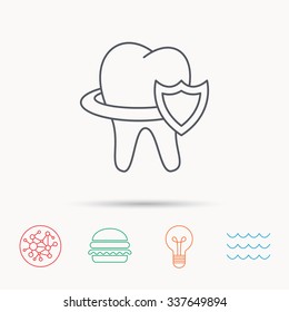 Tooth protection icon. Dental shield sign. Global connect network, ocean wave and burger icons. Lightbulb lamp symbol.