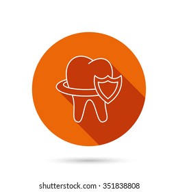 Tooth protection icon. Dental shield sign. Round orange web button with shadow.