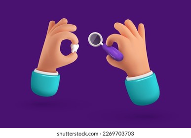 Tooth protection vector illustration. Cartoon hands holding tooth implant dentist mirror. Teeth dentistry banner template. Set of doctors arms with orthodontic accessories.