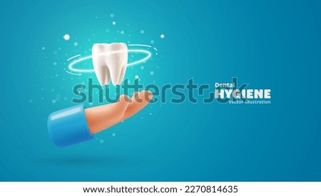 Tooth protection vector illustration. Dentist holding white tooth implant 3d cartoon. Teeth dentistry banner template. Stomatology advertising web banner template