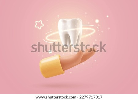 Tooth protection vector illustration. Dentist holding white tooth implant 3d cartoon on light background. Teeth dentistry banner template. Stomatology advertising web banner template [[stock_photo]] © 