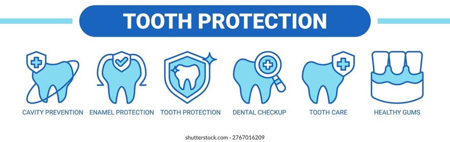Tooth Protection web banner icon vector illustration concept with icons of cavity prevention, enamel protection, tooth protection, dental checkup, tooth care, and healthy gums.