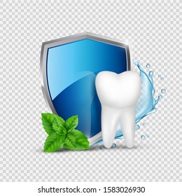 Tooth protection. White tooth, shield and mint, water splash. Dental healthy concept vector illustration