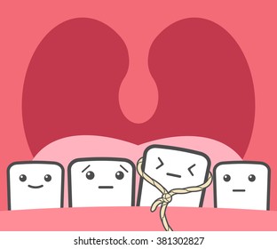 Tooth pulled thread. Deciduous teeth, baby teeth, temporary teeth, milk teeth. Funny vector illustration