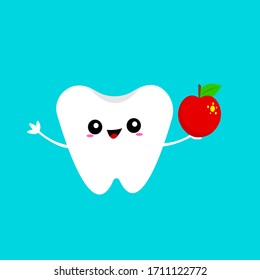 tooth pure white character laughs and holds in his hand a red apple concept of healthy fruits and dentistry object on a blue background