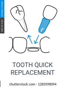 Tooth quick replacement icon. Implant installation icon with editable stroke and outline style.
