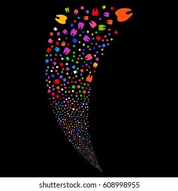 Tooth random fireworks stream. Vector illustration style is flat bright multicolored iconic symbols on a black background. Object fountain constructed from scattered pictograms.